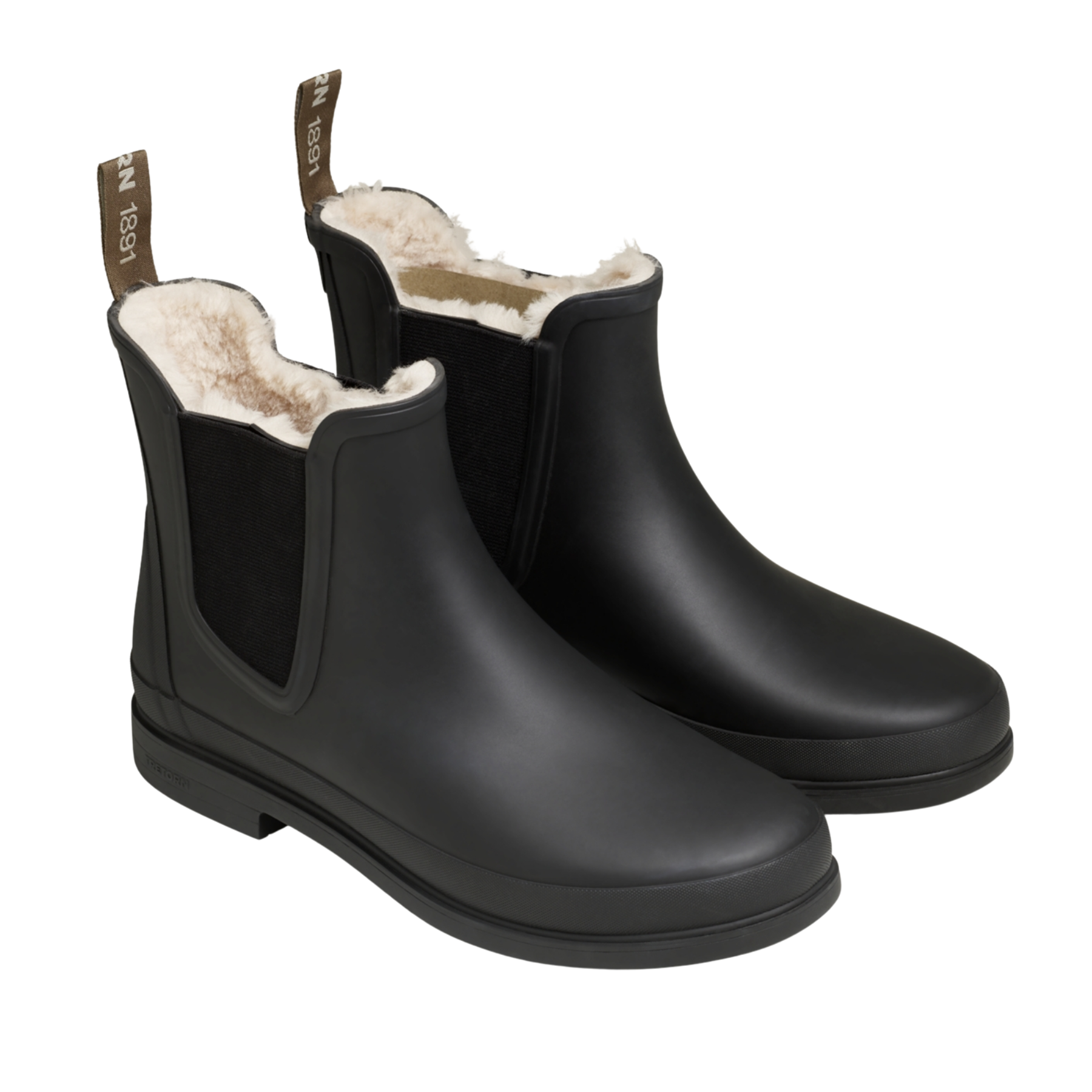 a short pair of black wellington boots with a white fur lining