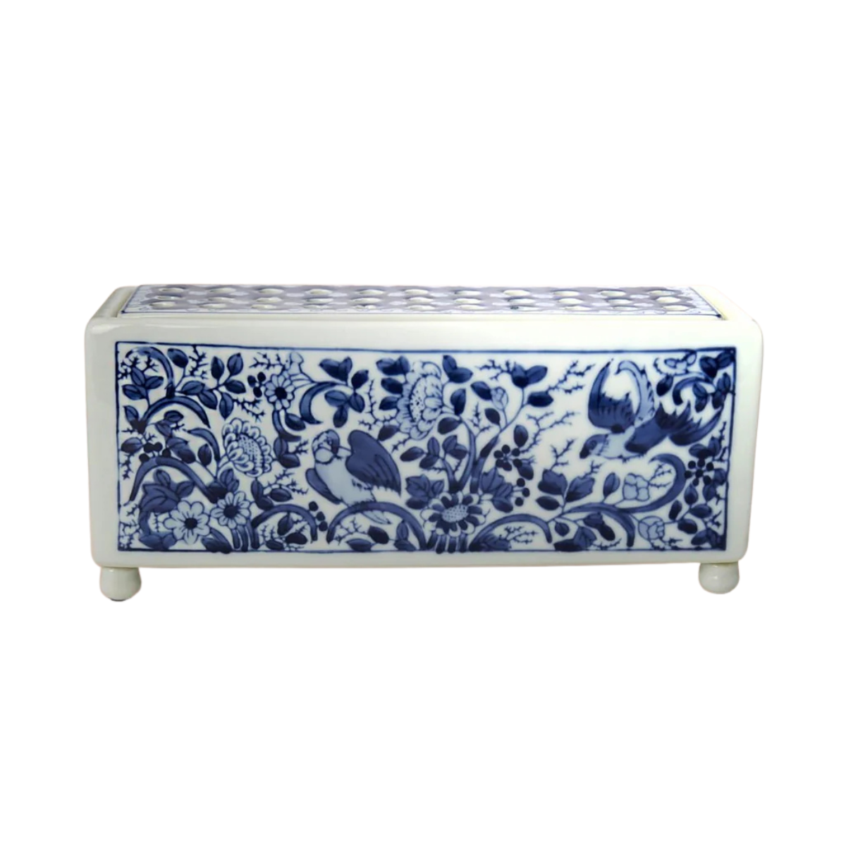 a white rectangle ceramic vase with blue flower pattern