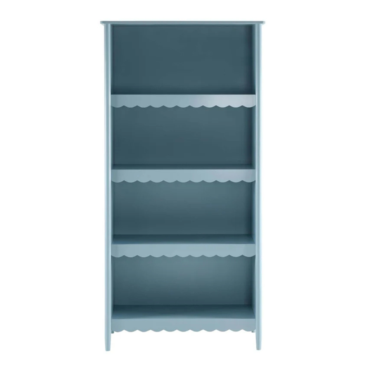 a sky blue floor standing bookshelf with scalloped details