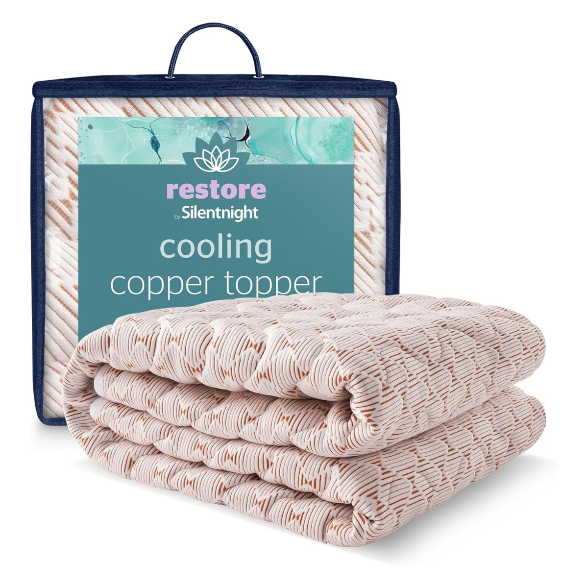 a copper and white cooling mattress topper and bag