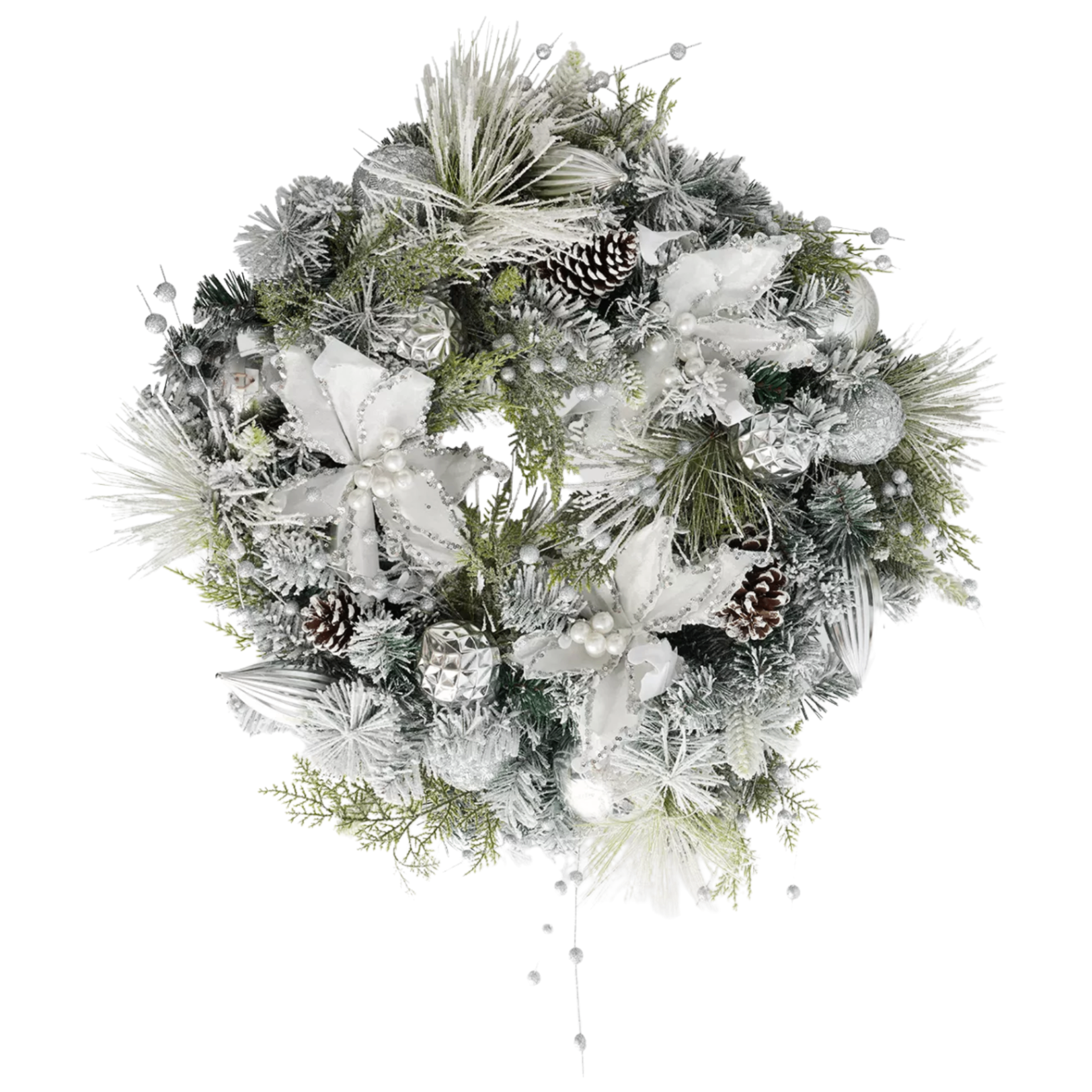 a white and silver christmas wreath