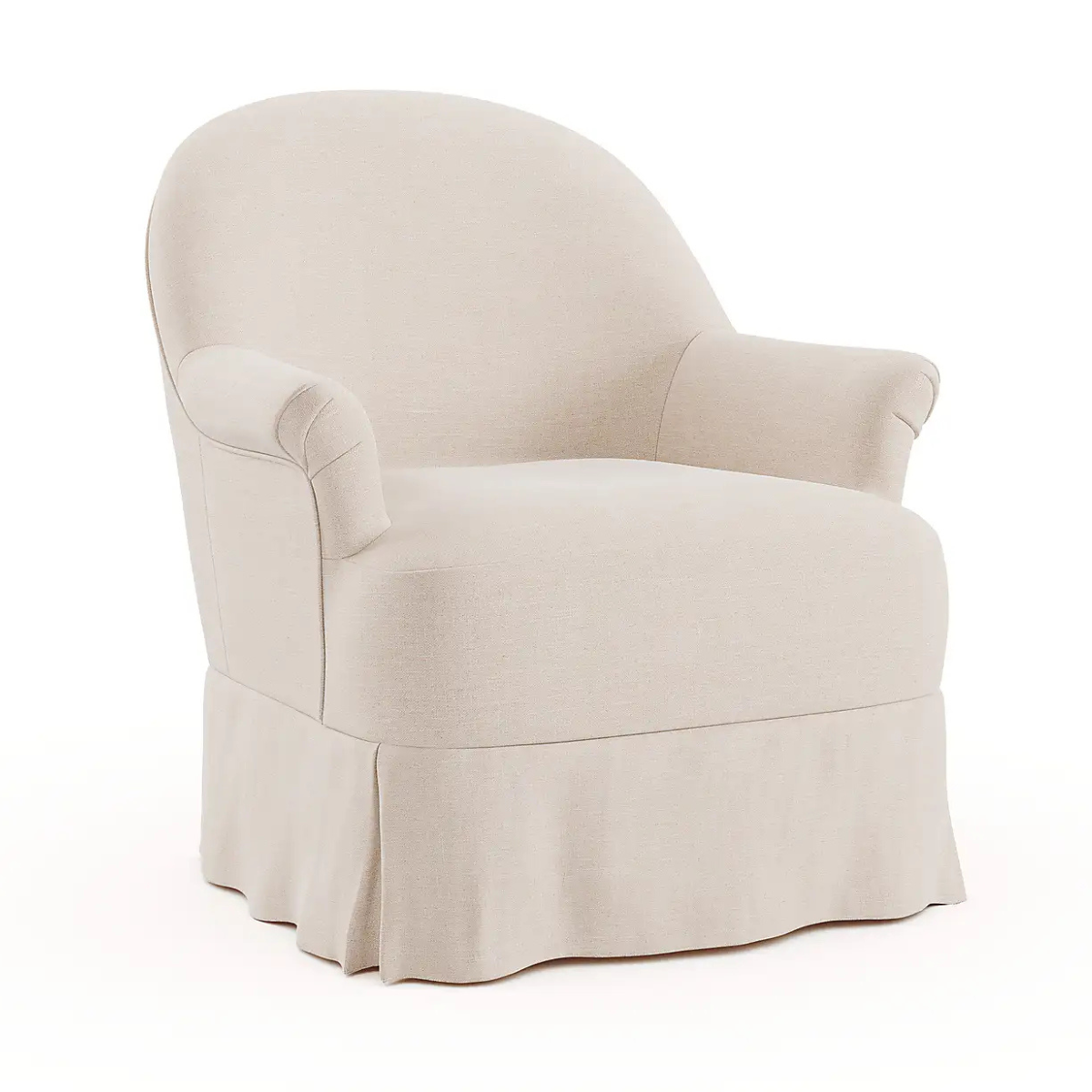 a cream linen skirted armchair