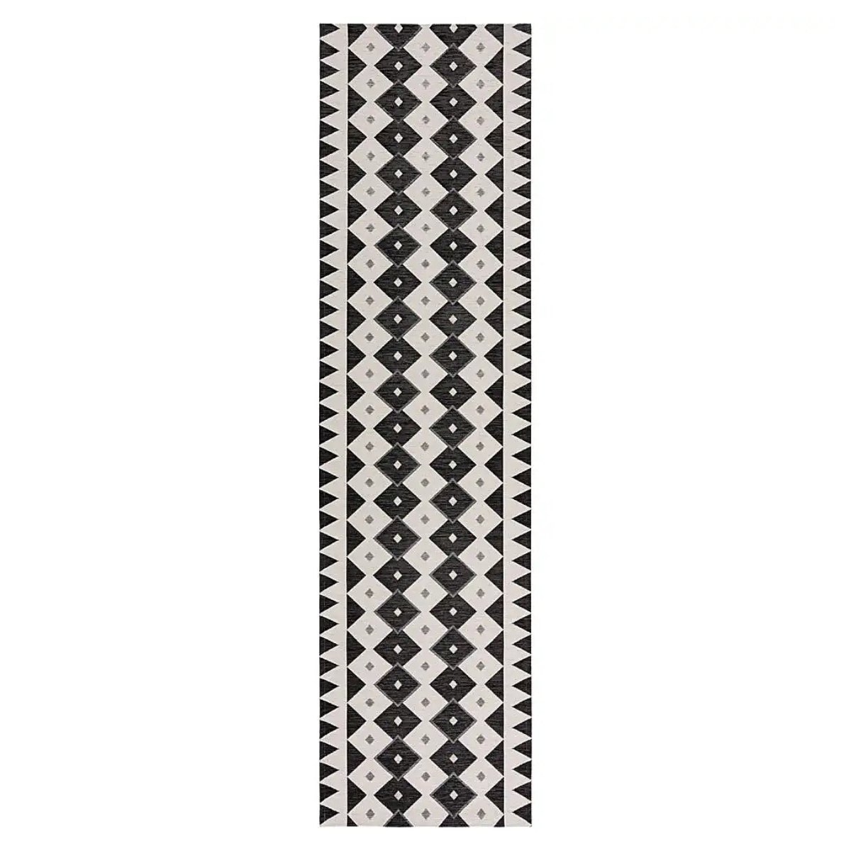 a black and white geometric patterned runner rug on a white background