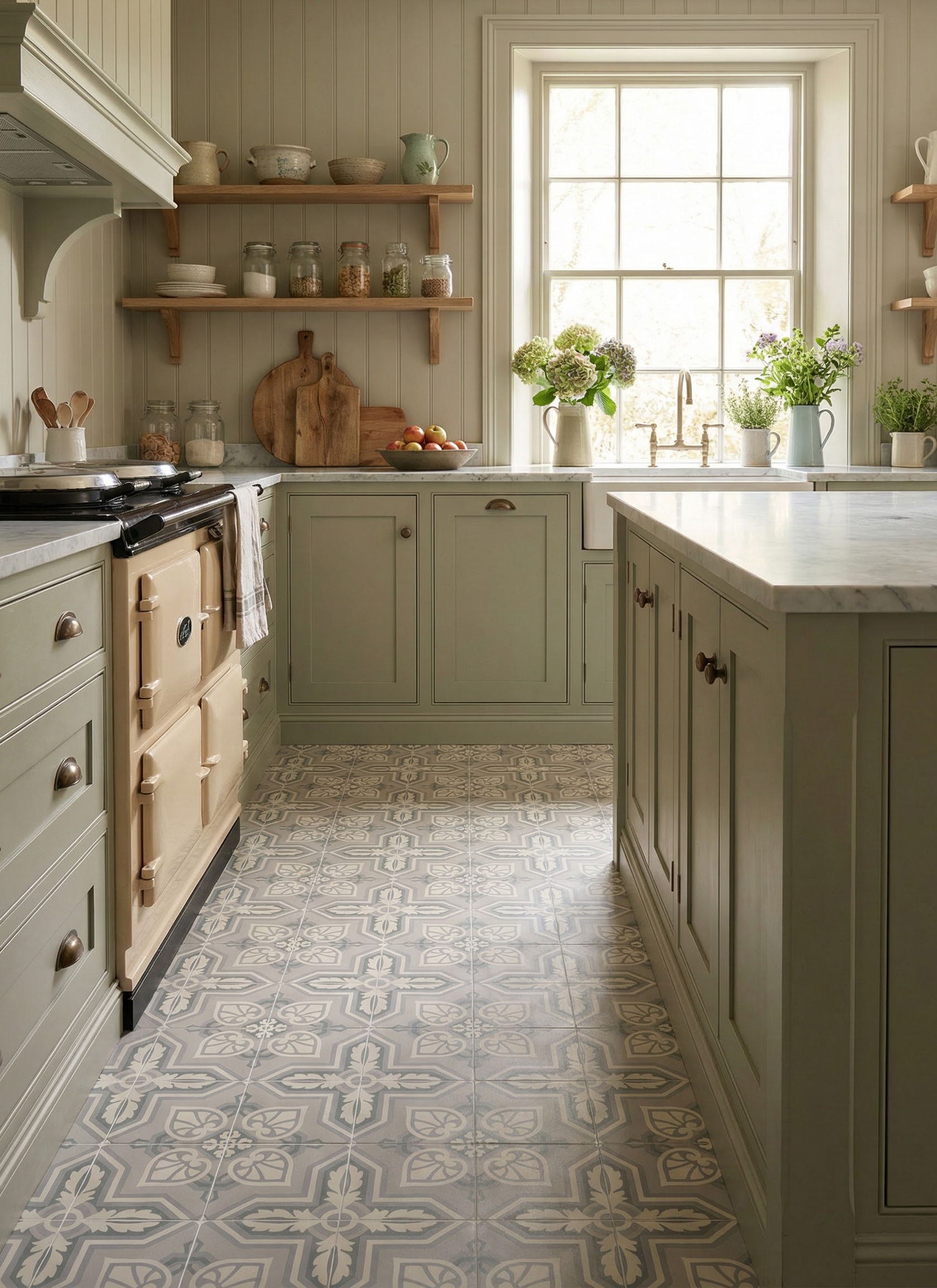 a country kithen with patterned tile floors, sage green cabinetry and a pale yellow range cooker
