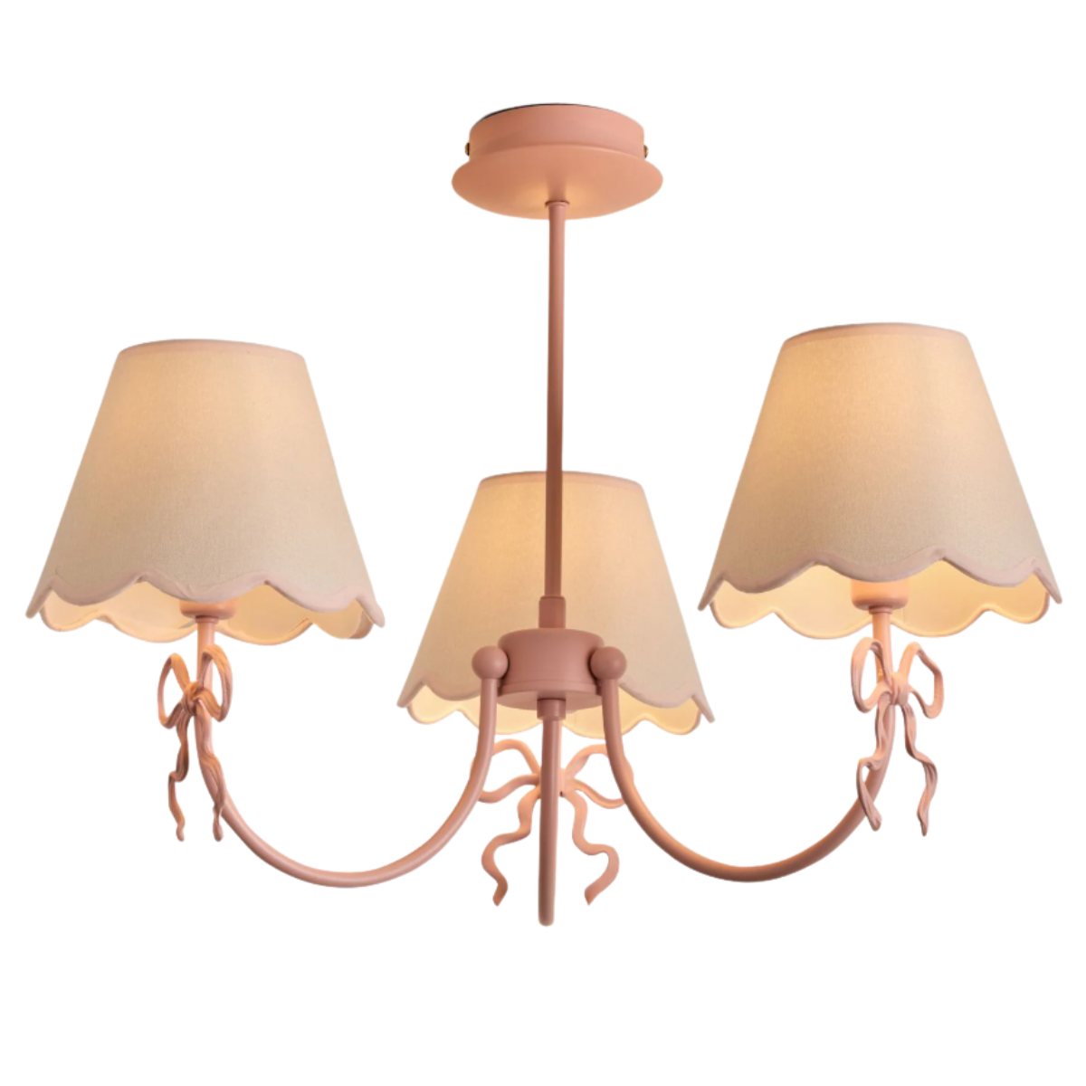 a light fitting with 3 scalloped shades, pale pink hardware and metal bows