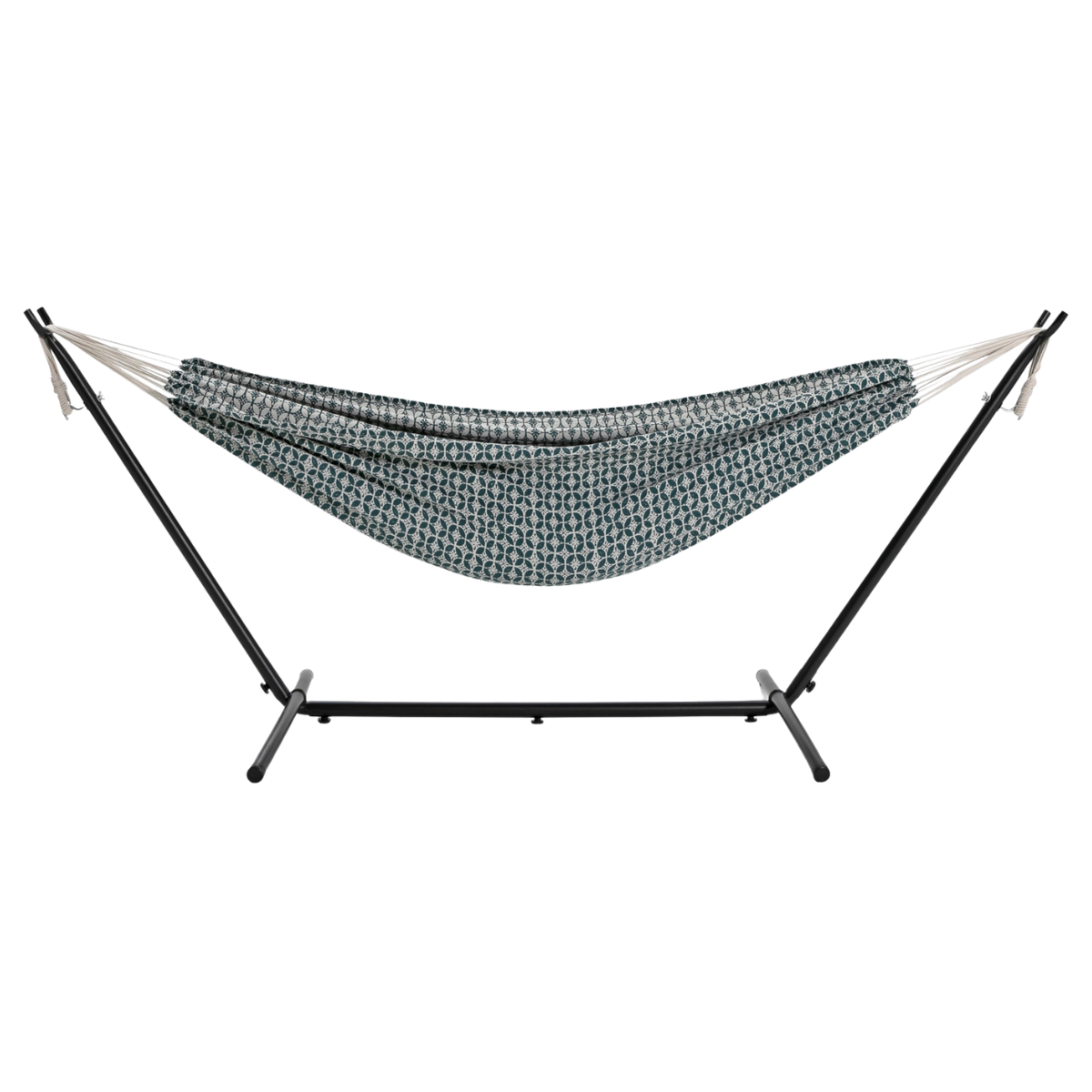 a dark blue and white patterned hammock on a black stand