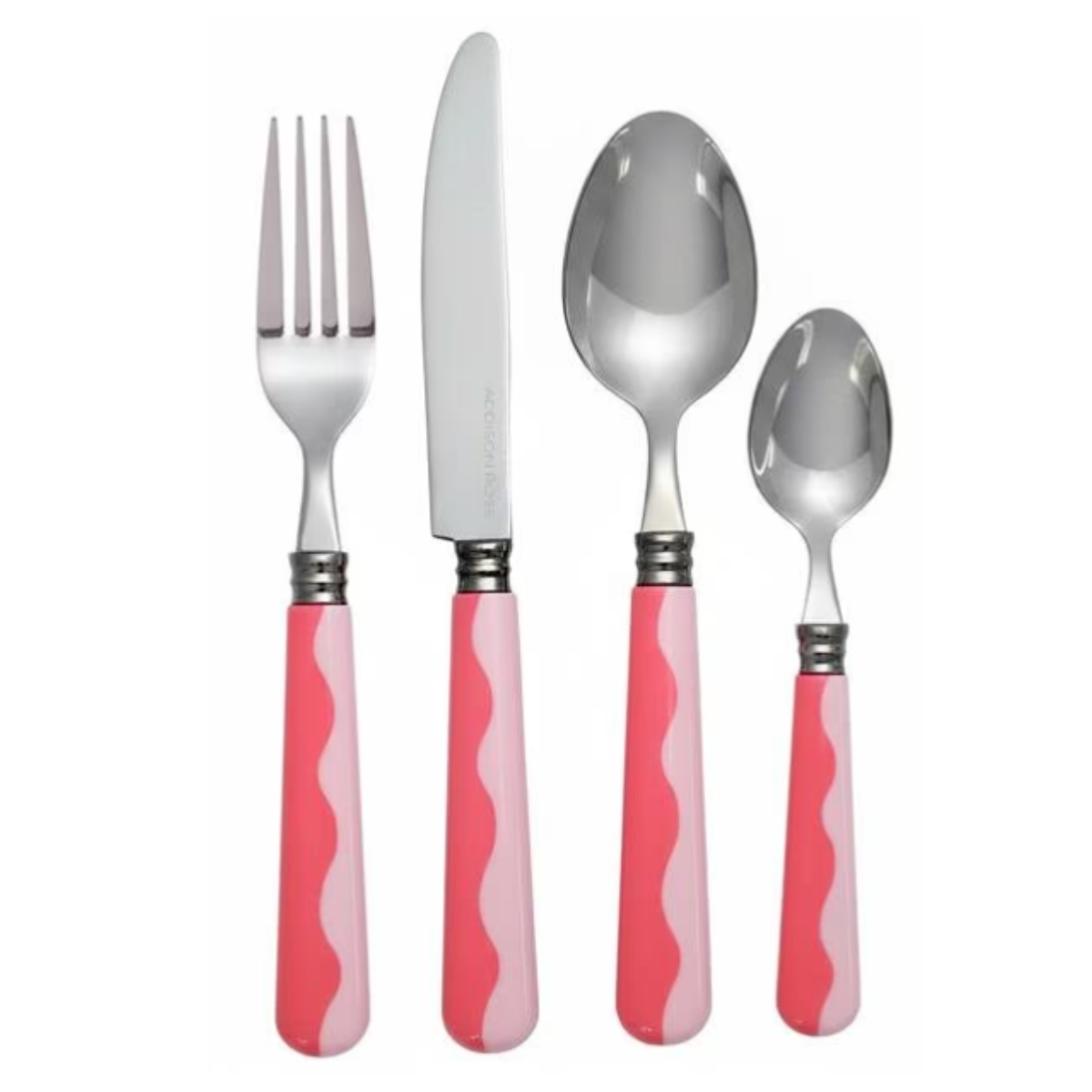 a set of cutlery with pink tonal wavy stripe handles