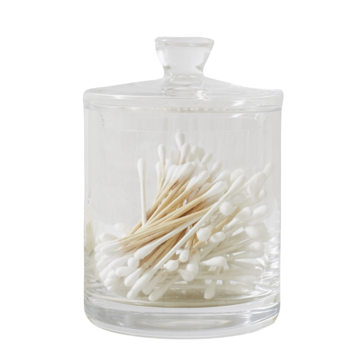 clear glass bathroom storage jar with cotton buds inside