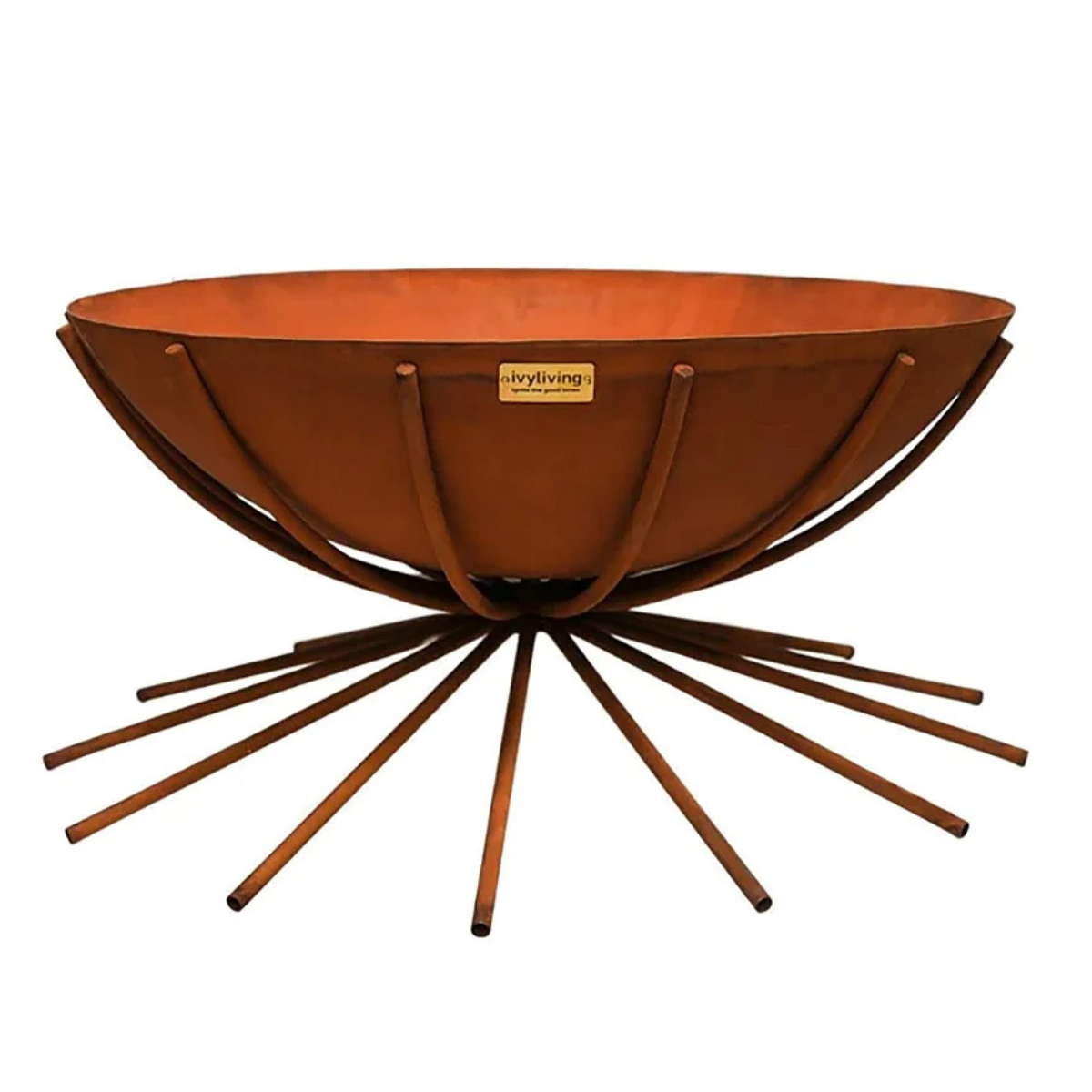 a circular rust coloured bowl fire pit on 12 legs