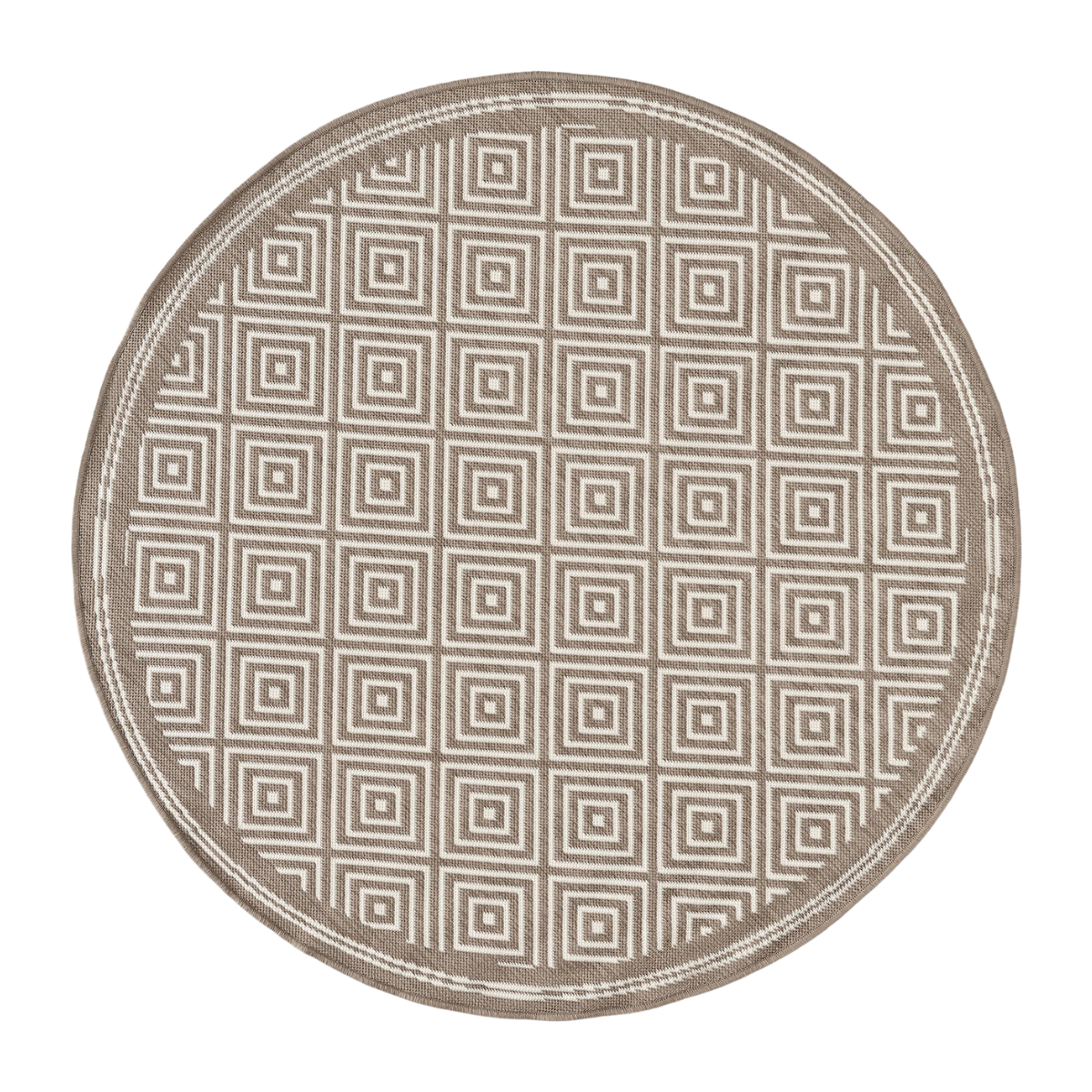a round outdoor rug in beige and white and diamond patterns