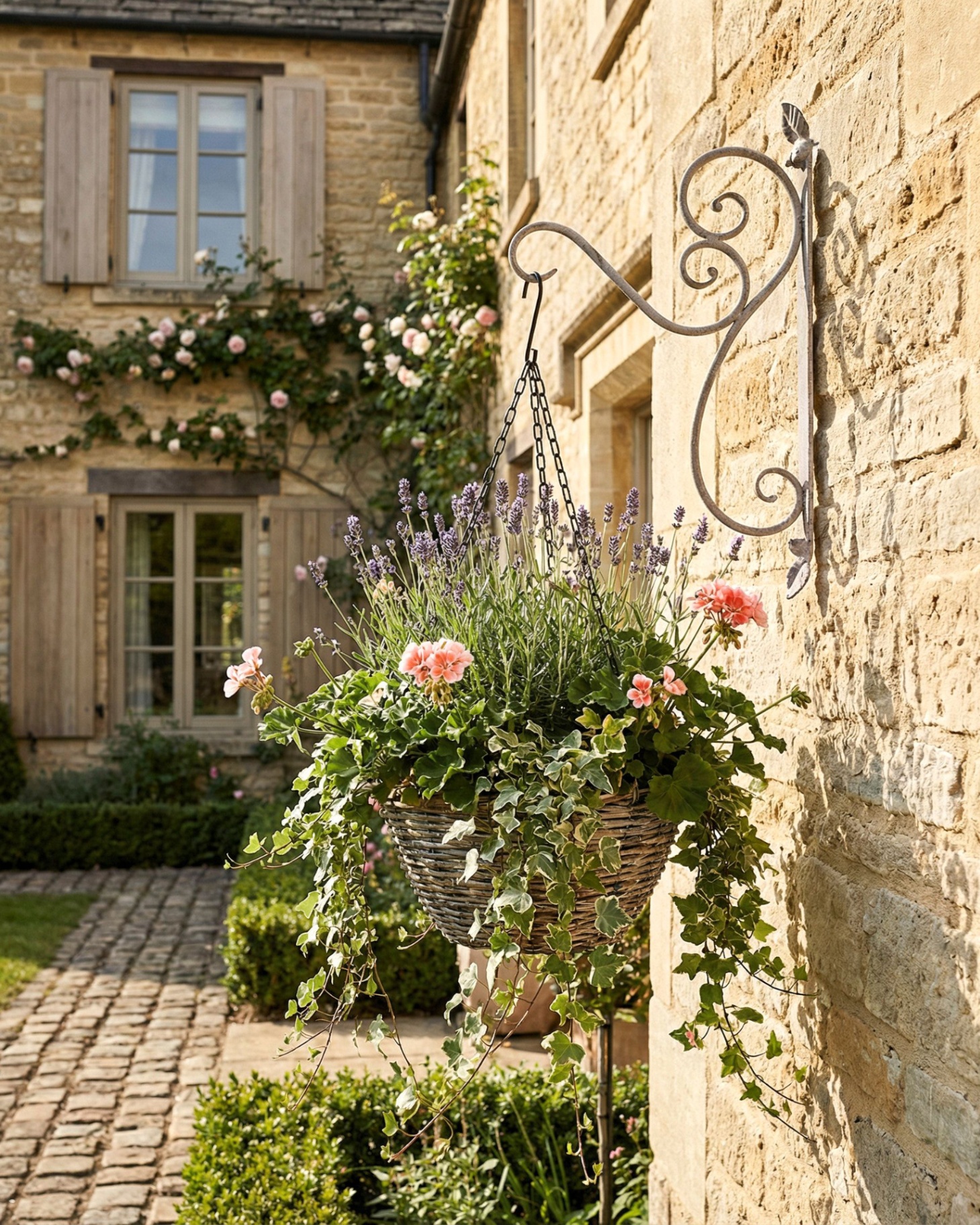 a hanging wicker flower basket with pink flowers on an iron bracket outside of a cotswold stone house