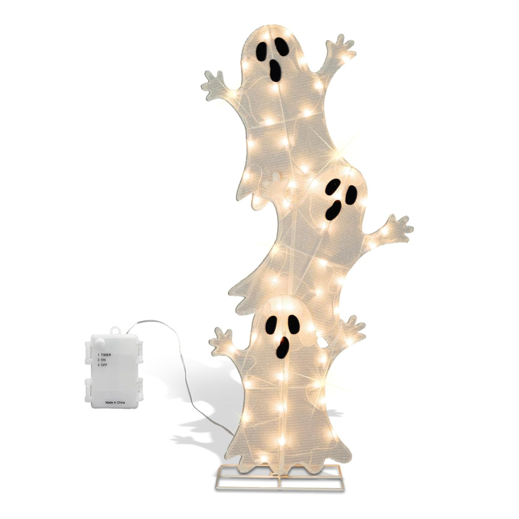 three white stacked halloween ghosts with led lights