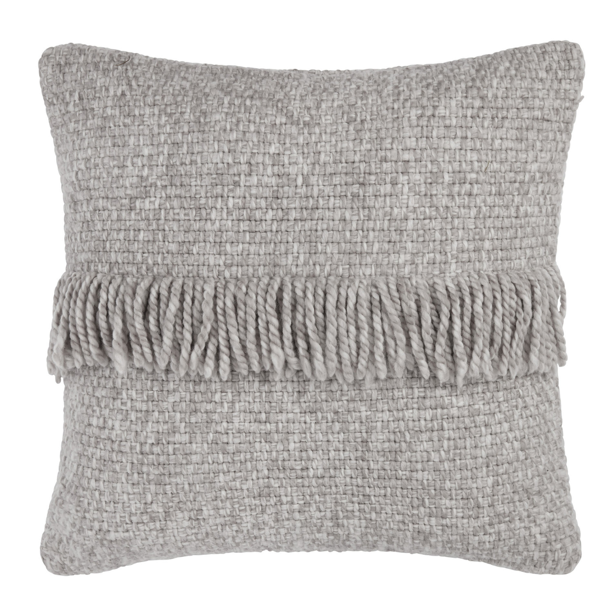 knitted grey cushion with tassels