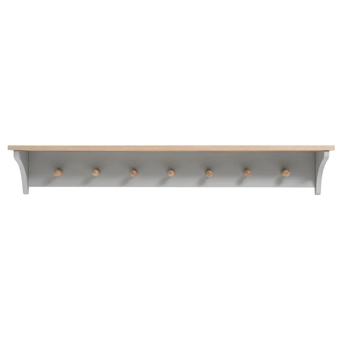 a grey and wood peg shelf