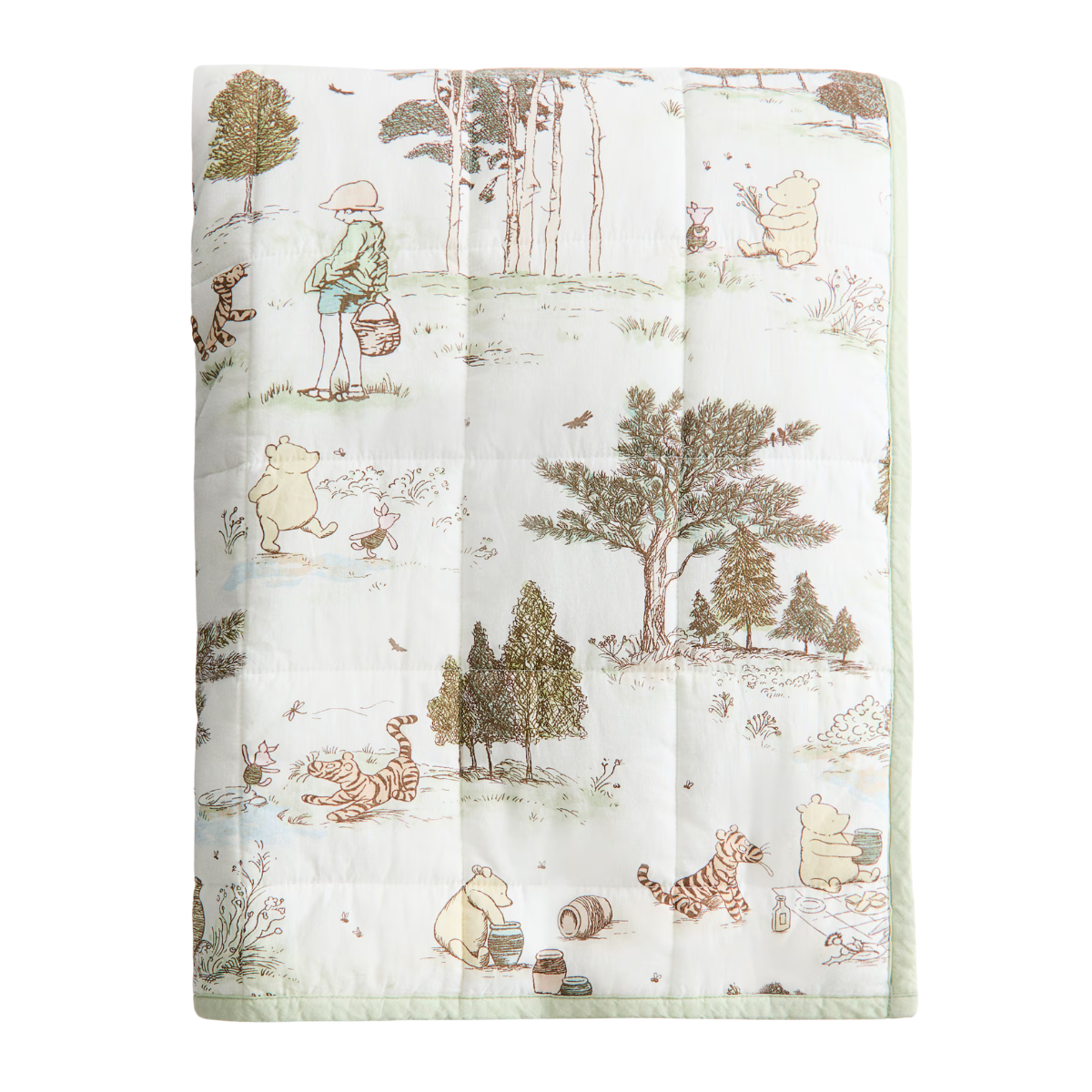 white and sage green winnie the pooh bedspread