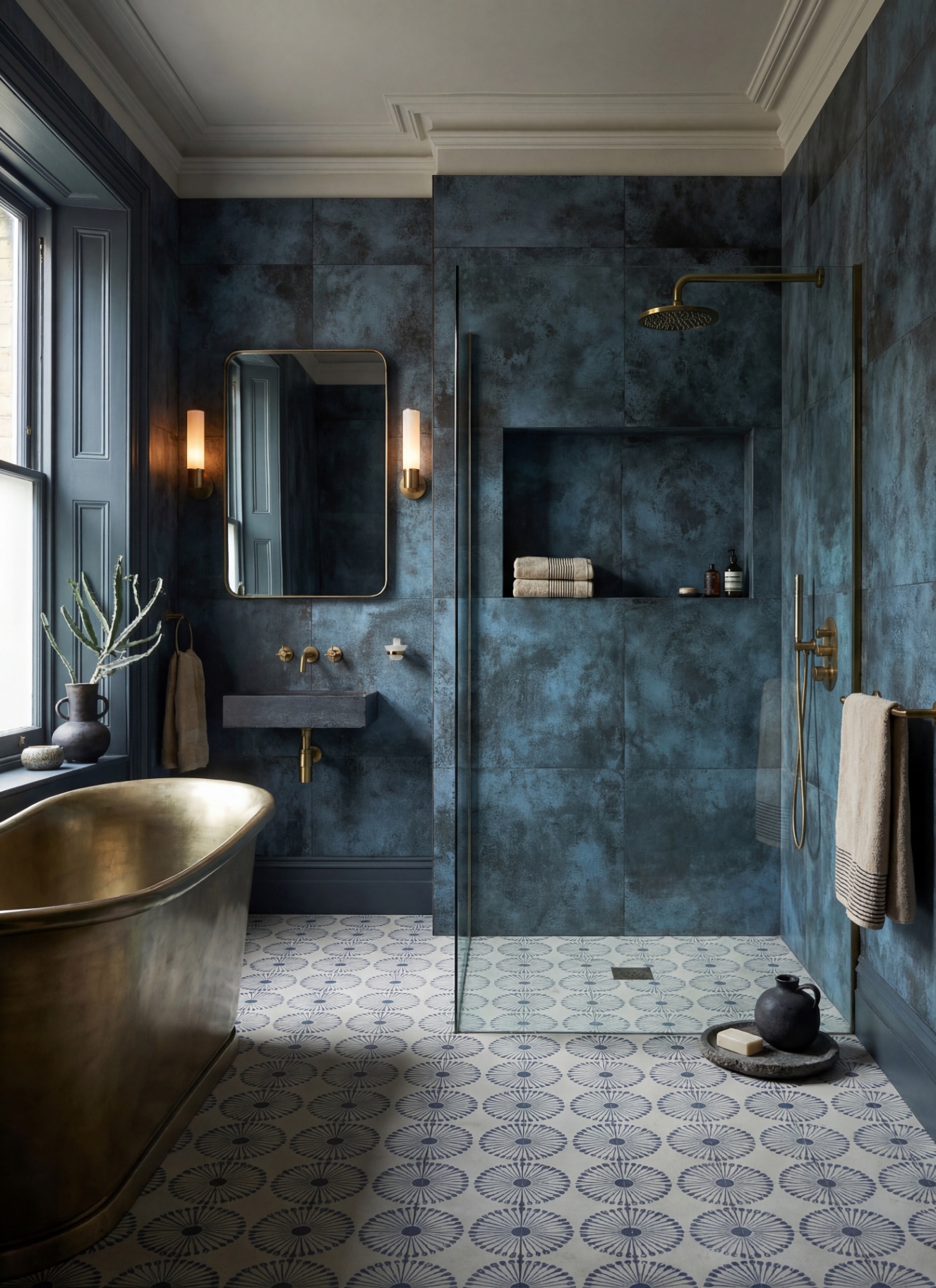 Dark blue bathroom with mottled blue wall tiles, a brass freestanding tub, and a glass walk-in shower with brass fixtures. A wall-mounted stone sink sits under a rounded rectangle mirror and sconces, set above patterned floor tiles
