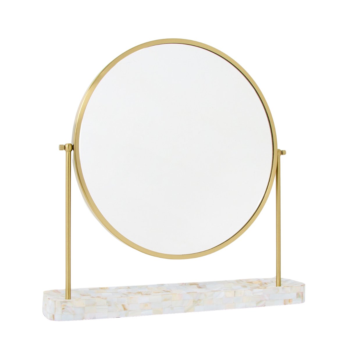round gold mother of pearl dressing table mirror