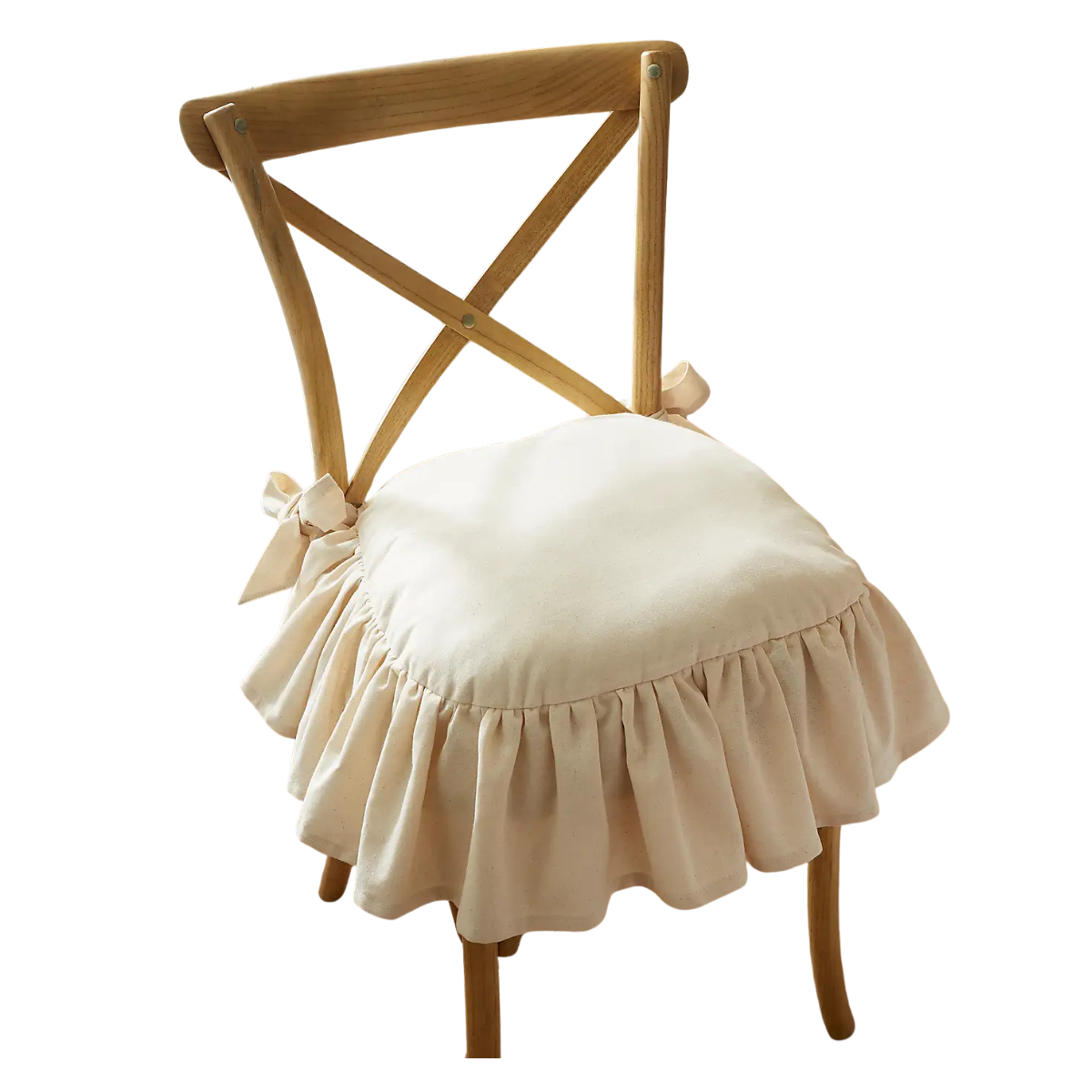 cream skirted seat pad tied to a brown wooden dining chair