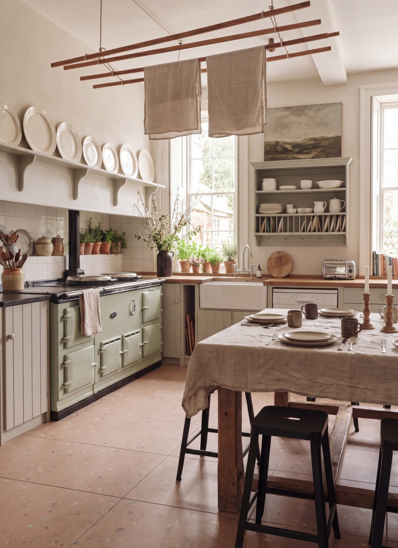 a cottage kitchen with white walls, a sage green range cooker, a clothes airer hanging from the ceiling and a large wooden dining table