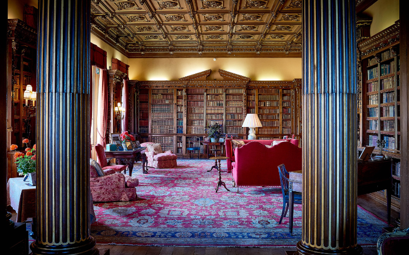 Highclere Castle's library, one of the key Downton Abbey filming locations