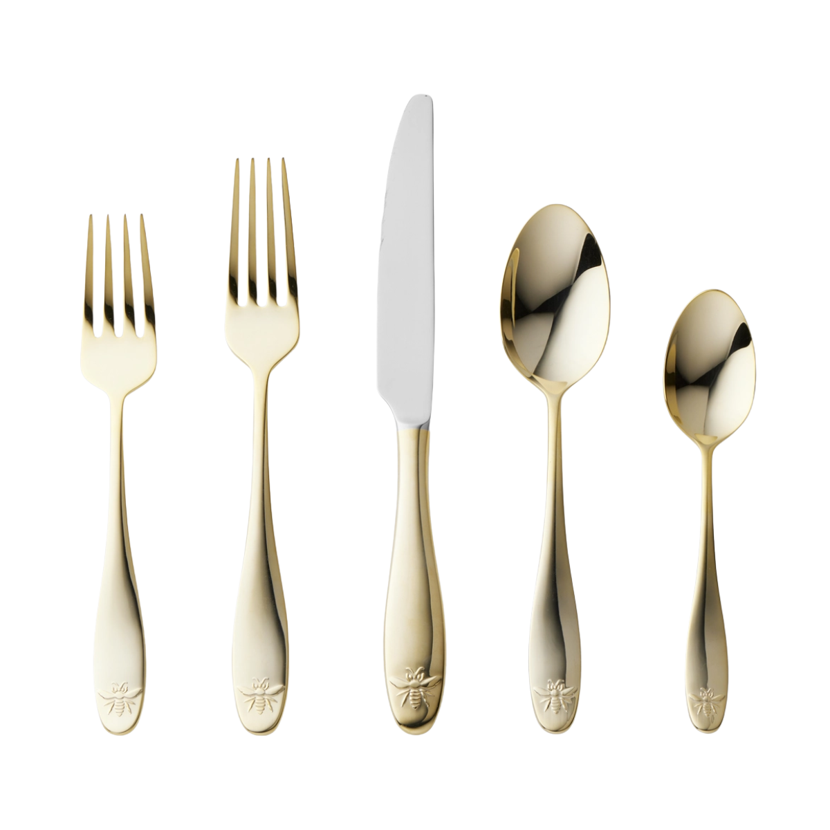 set of 5 gold cutlery with an embossed bee detail