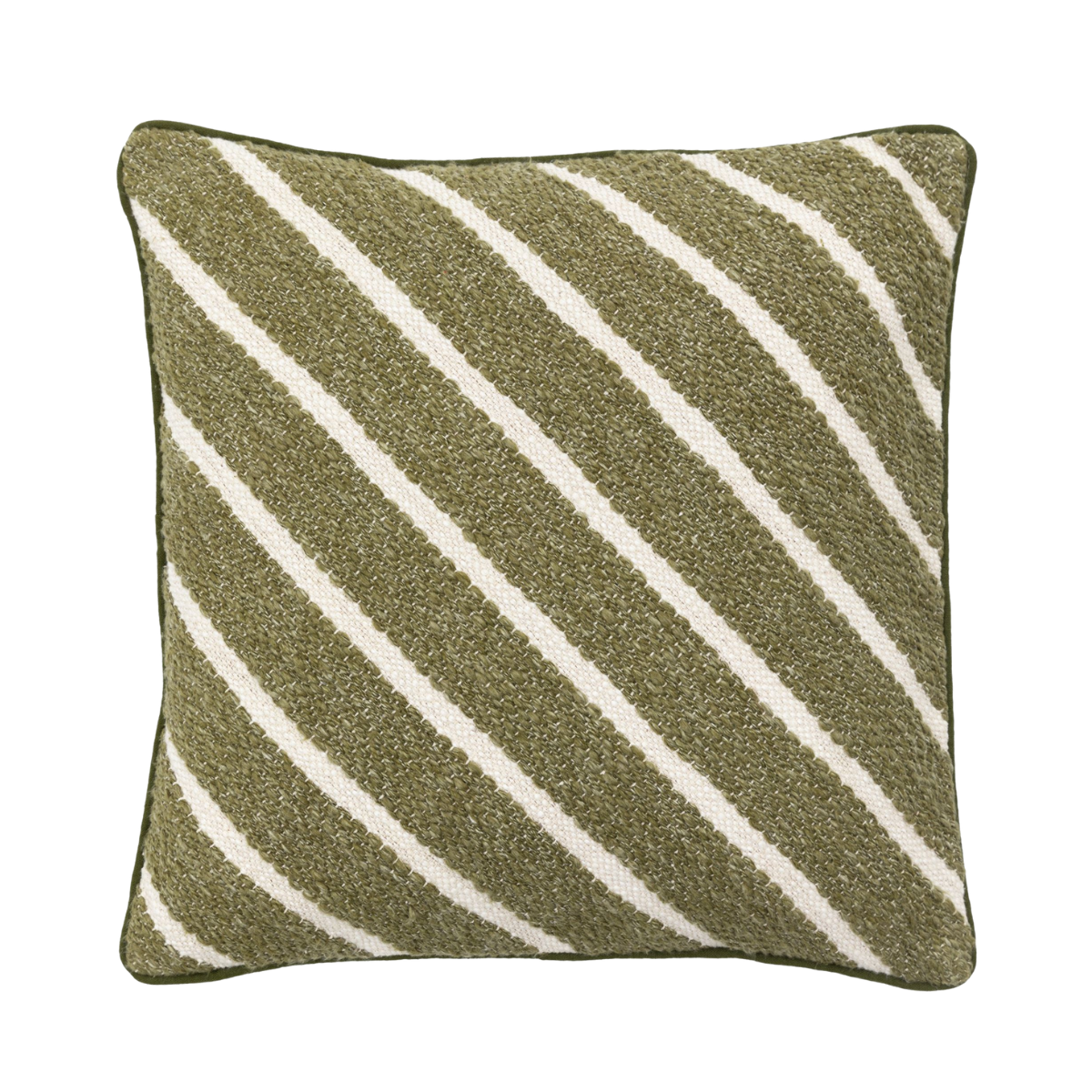 an olive green cushion with white diagonal stripes