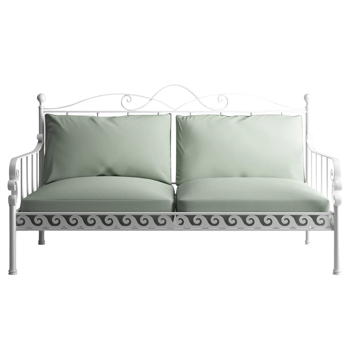 a white metal garden sofa with sage green cushions