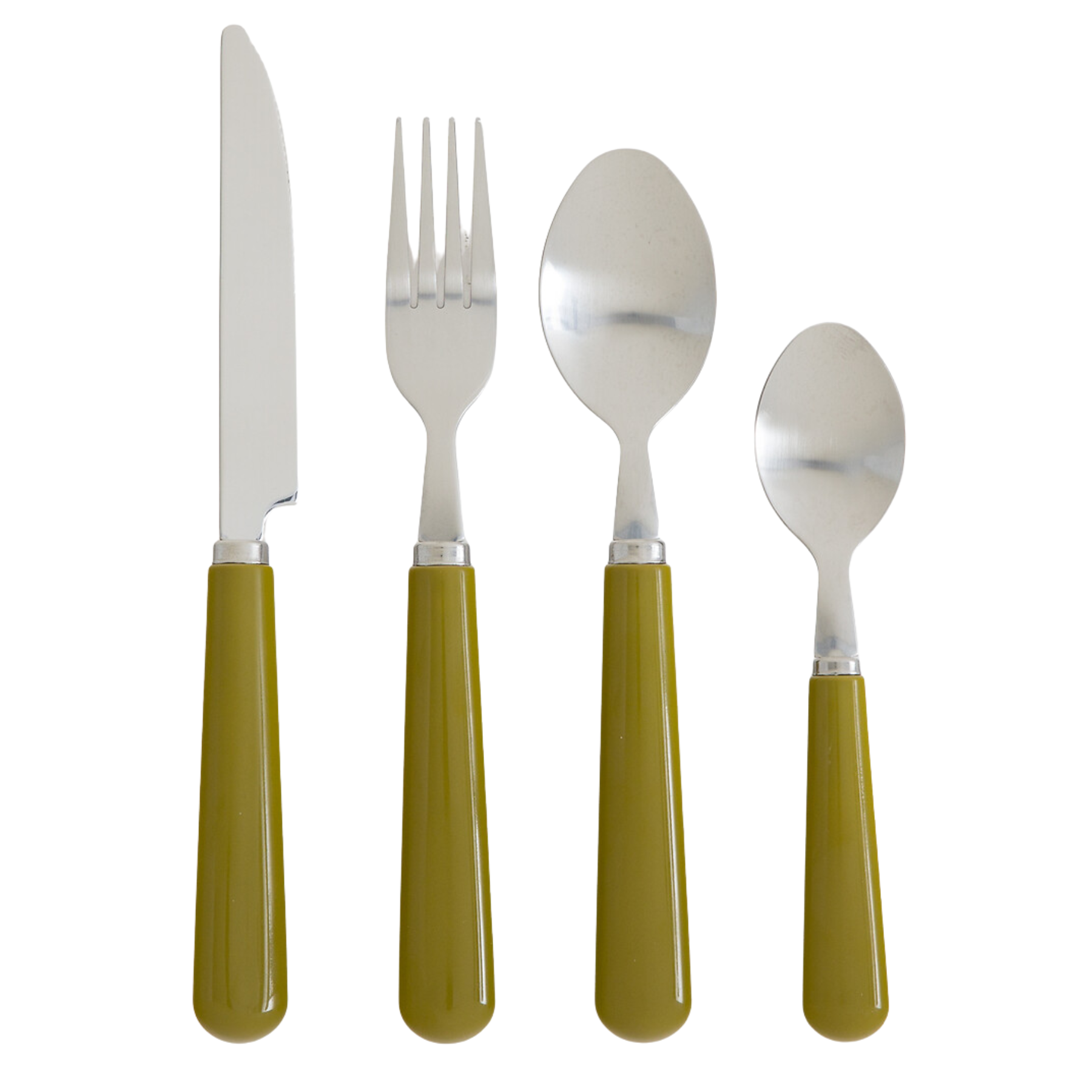 a set of 4 olive green handle cutlery