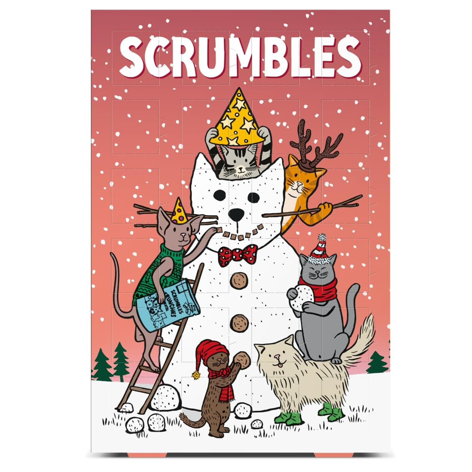 Scrumbles cat advent calendar featuring a pink snowy background and playful cats building a cat-shaped snowman