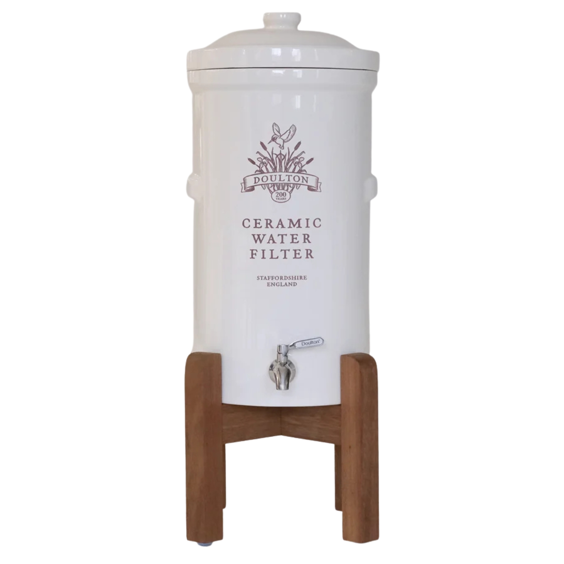 Doulton ceramic Heritage Gravity luxury water Filter System pictured on a wooden stand against a white background
