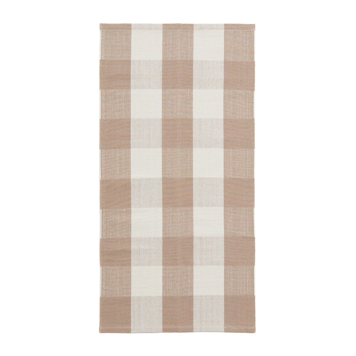 a beige and white checkered runner rug on a white background