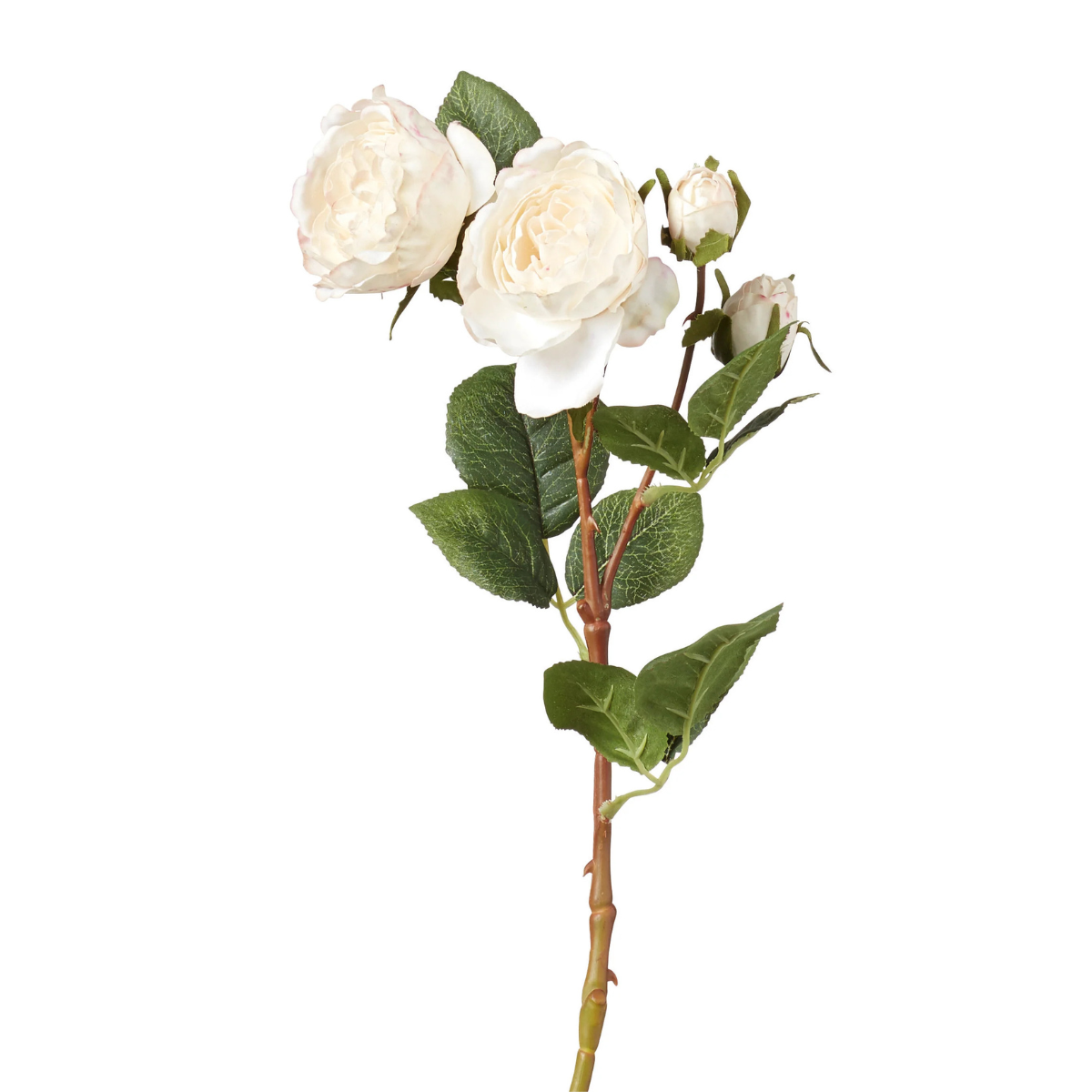 a faux white rose with green leaves