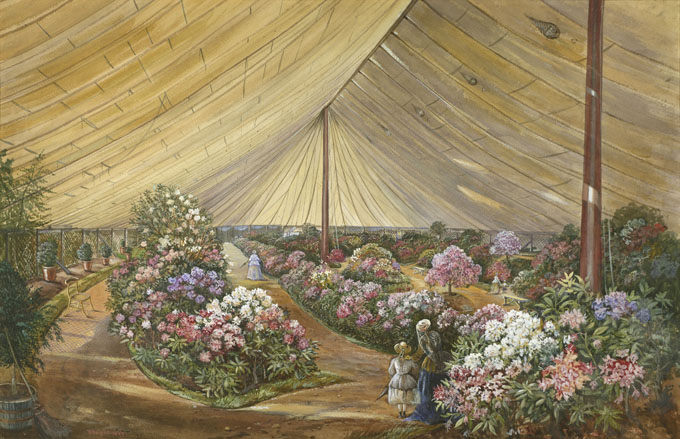 Painting of a scene at a flower show marquee signed, 'A Bright, 1866'. Research suggests that this painting could depict a scene at the 1866 Great International Horticultural Exhibition. The exhibition was held under canvas on the site of the Great Exhibi