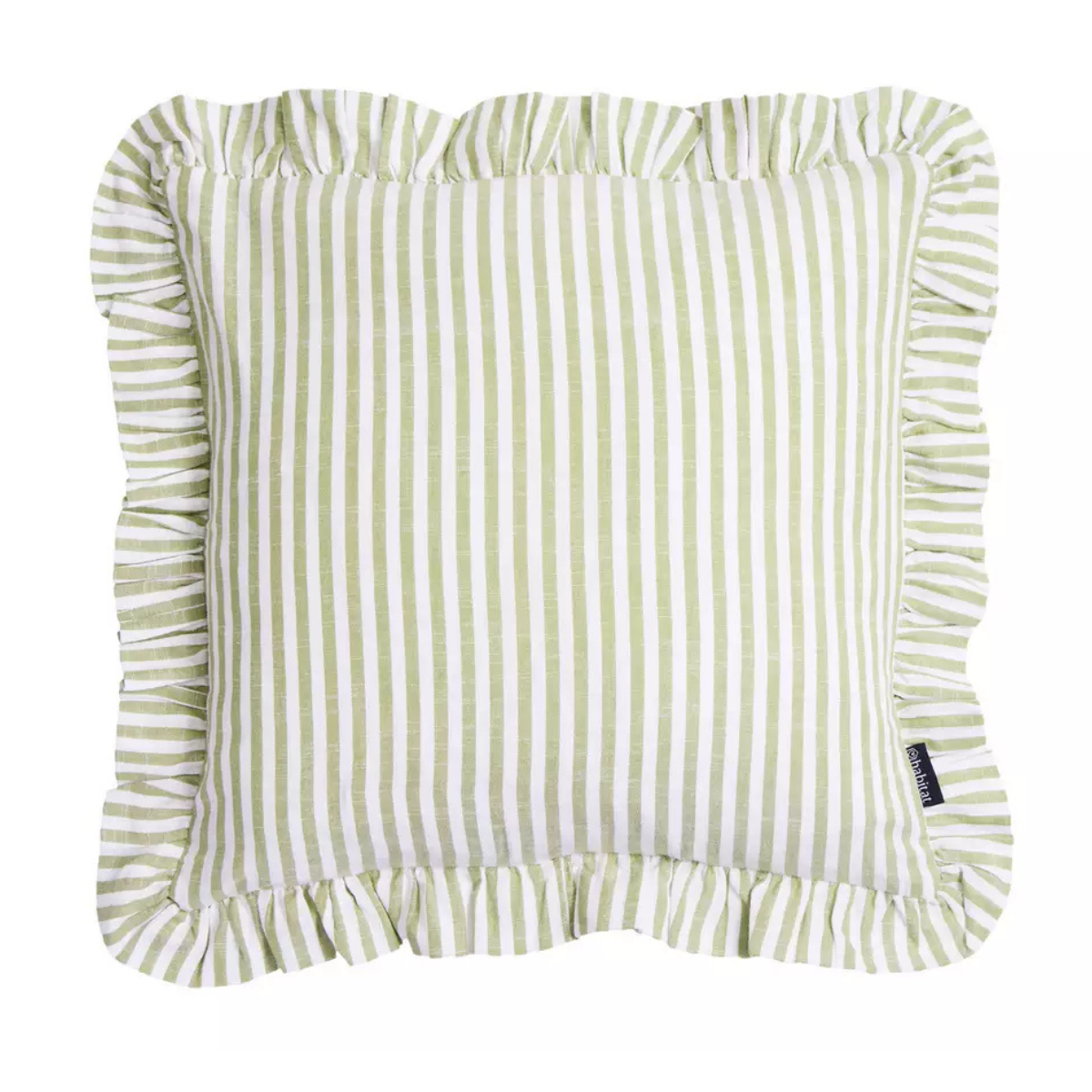 a green and white striped ruffle edge cushion