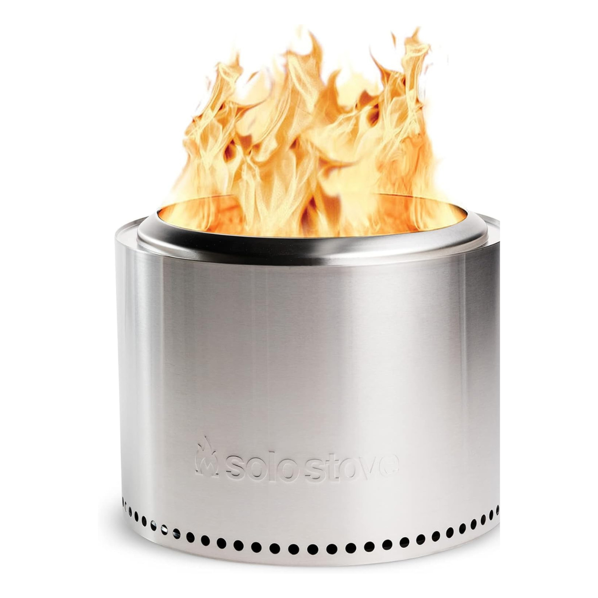a silver solo stove portable fire pit with an open flame