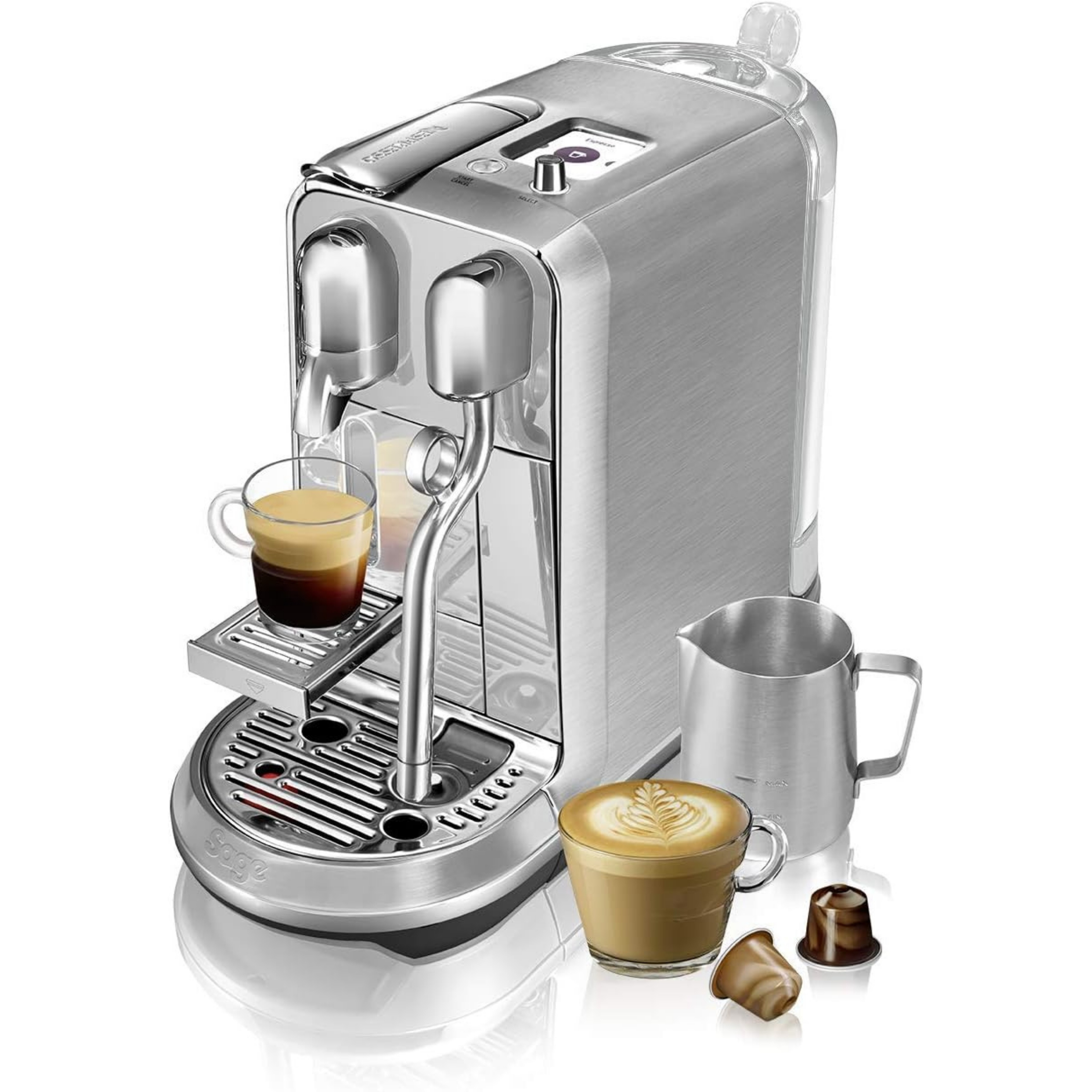 Nespresso Creatista Automatic Pod coffee machine with milk frother pictured in chrome