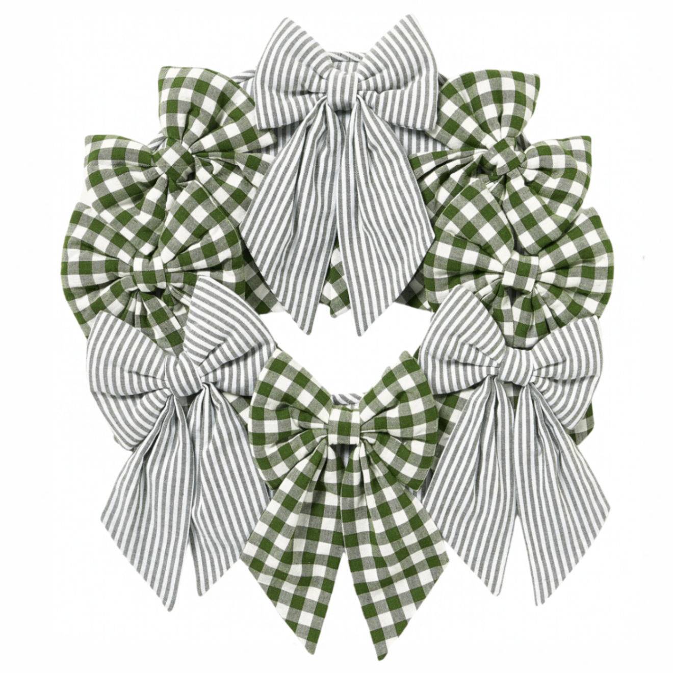 a fabric christmas wreath with gingham and striped bows