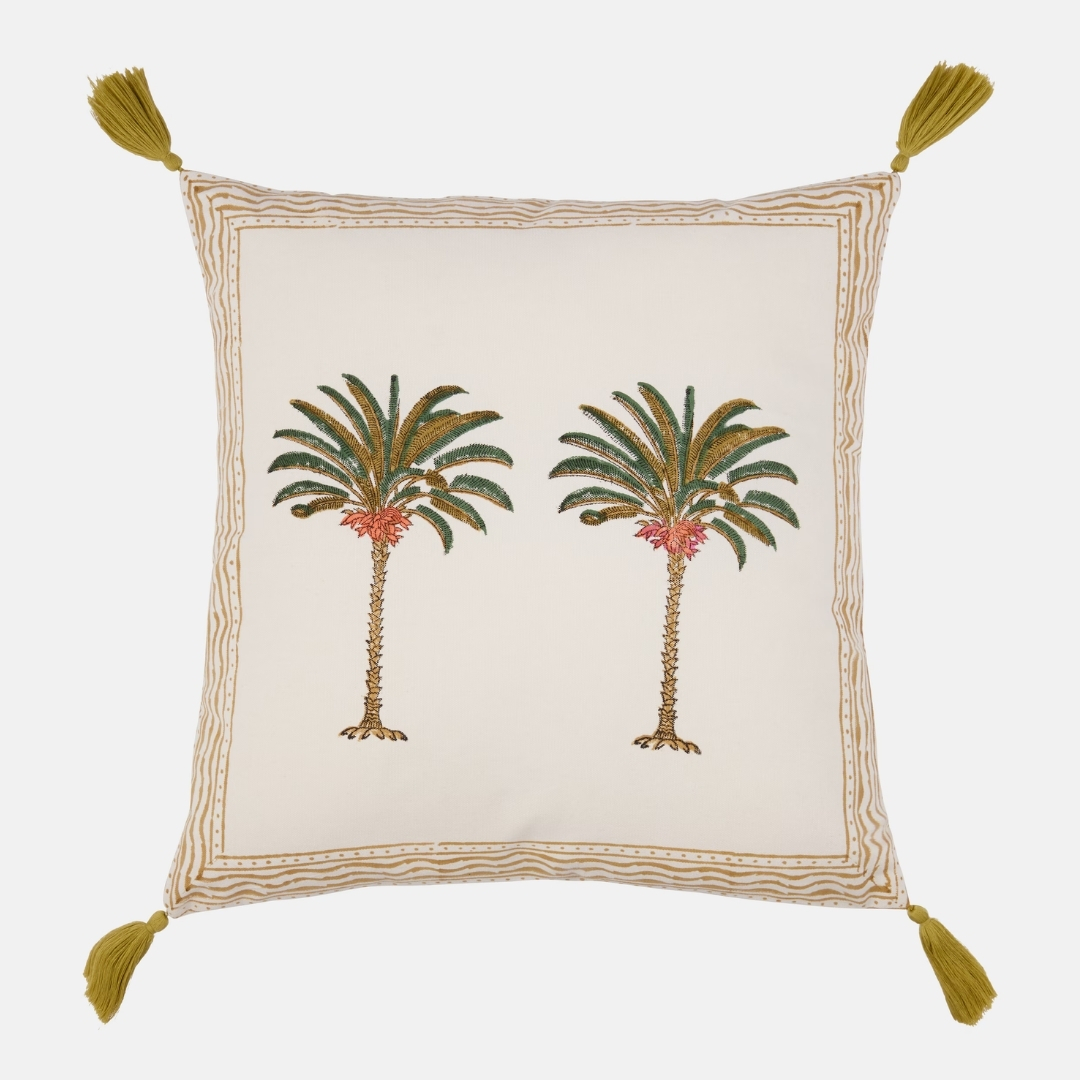 Les-Ottomans Palms printed cotton cushion pictured on an off white background