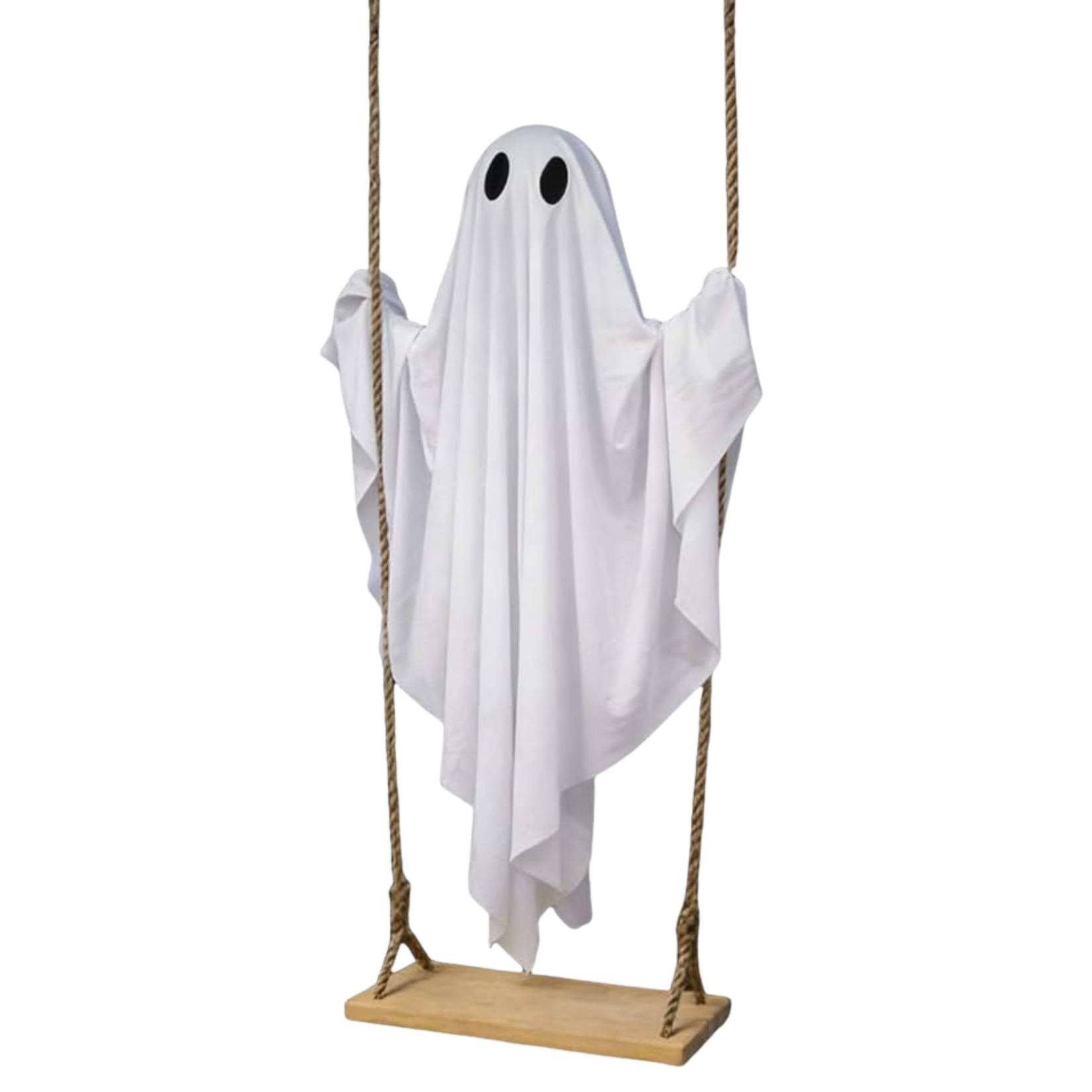 a ghost halloween decoration on a wooden swing