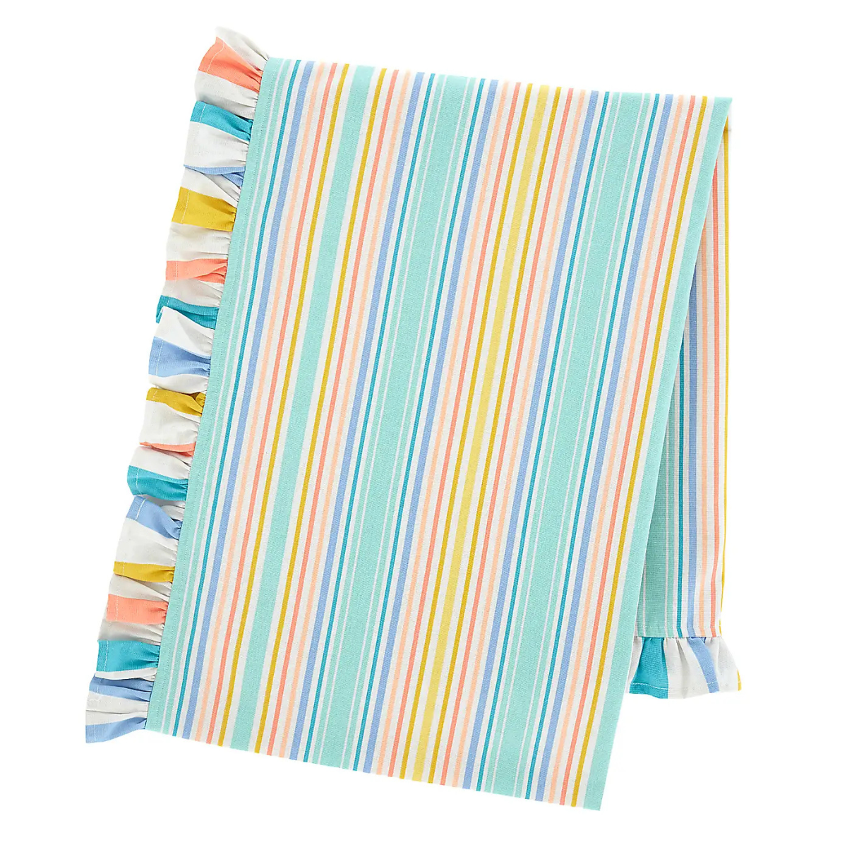 a multicolour stripe table cloth with a ruffle border