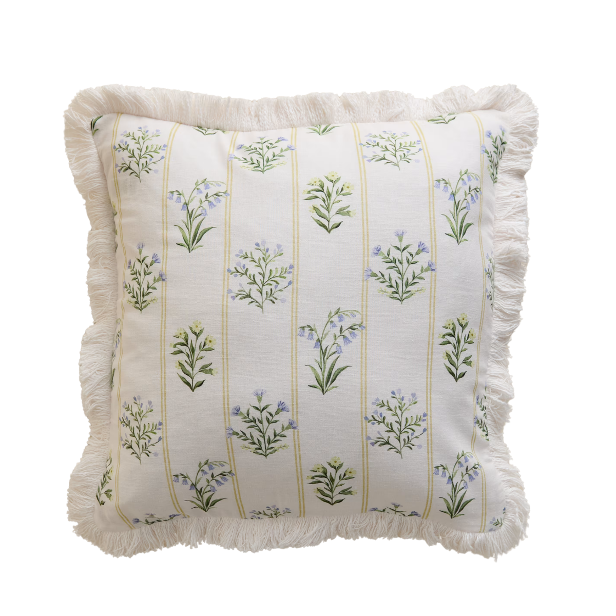 WHITE CUSHION WITH GREEN AND BLUE FLORALS AND A WHITE FRINGED TRIM