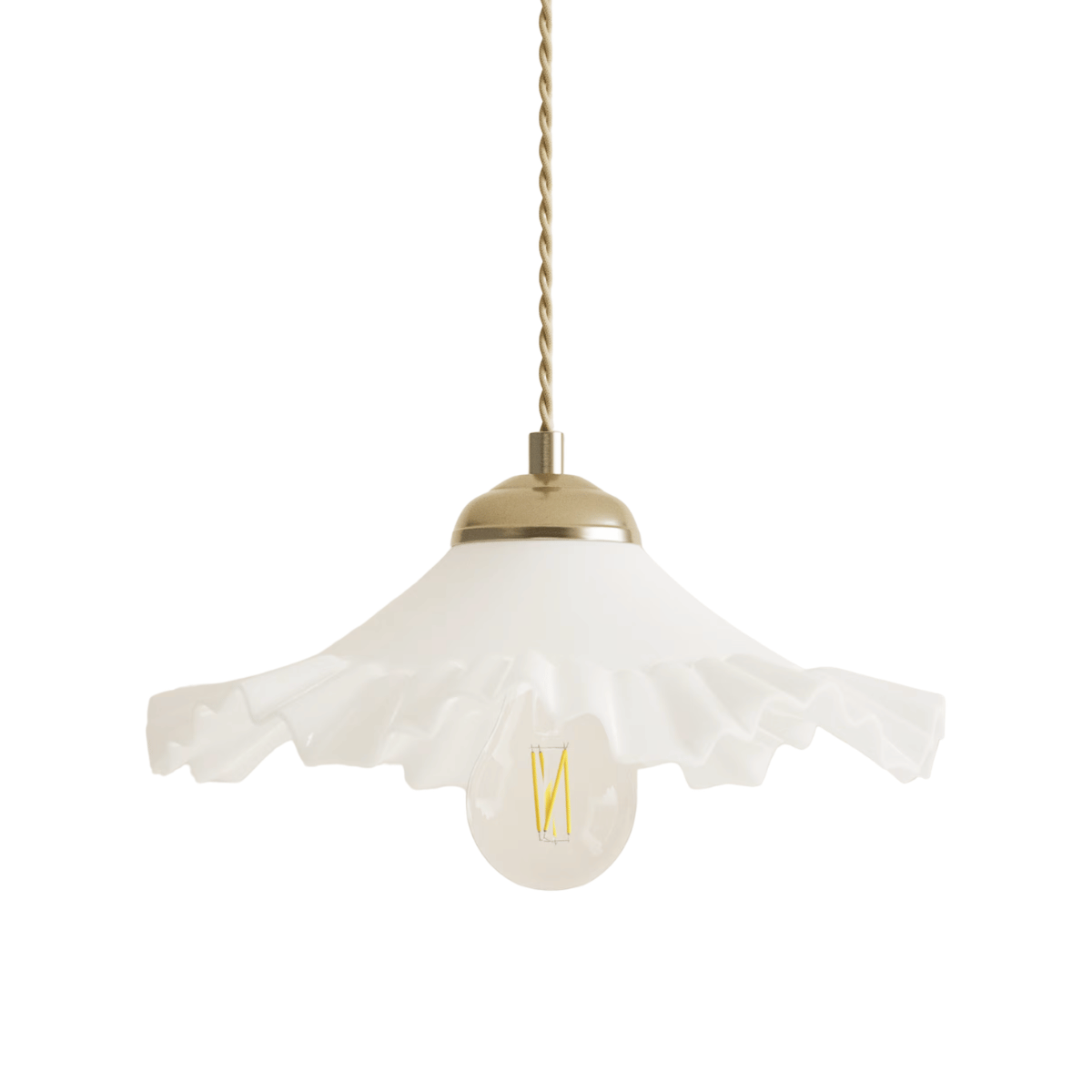 A white frill edge pendant light fitting with gold wiring
