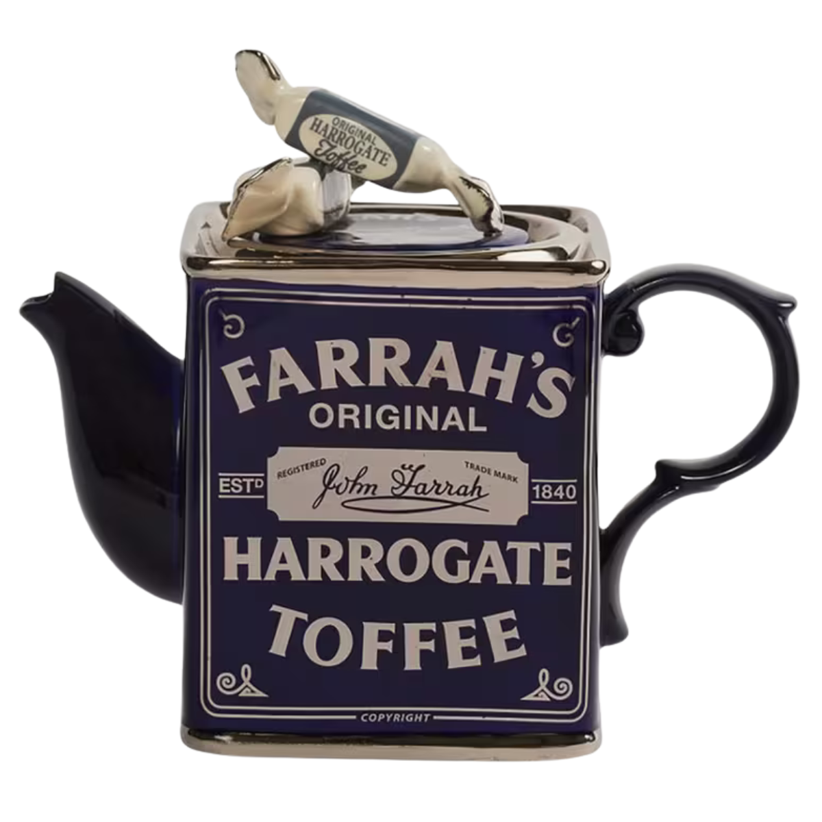 a dark blue teapot in the shape of a tin of toffee
