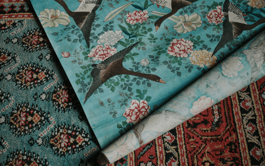 Goose wallpaper, based on a 19th-century Japanese design and available in Blue and Mustard. Photograph by Christopher Horwood