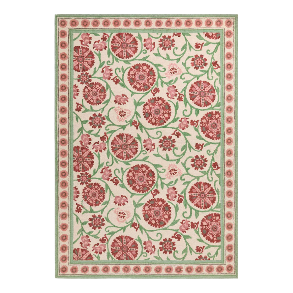 red pink and green floral rug