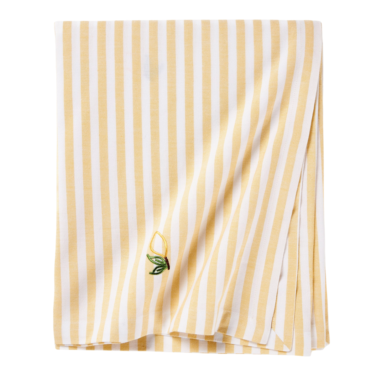 a white and yellow stripe tablecloth with an embroidered lemon motif