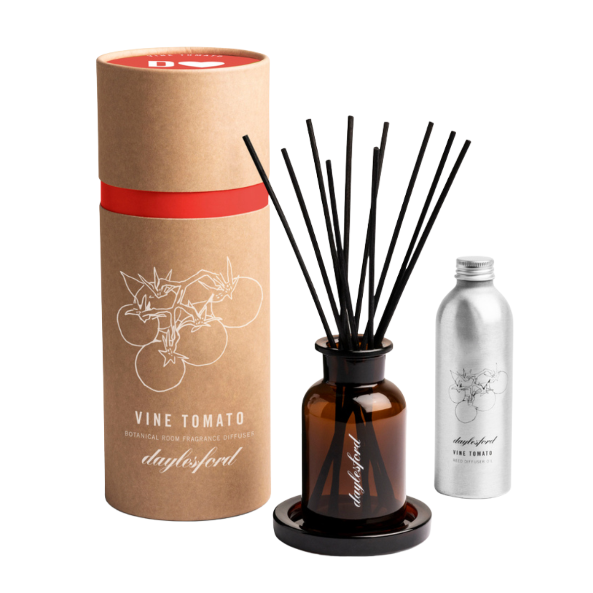 an amber glass reed diffuser with a metal bottle refill and a brown box