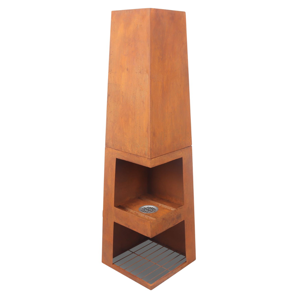 a tall rust angular chiminea