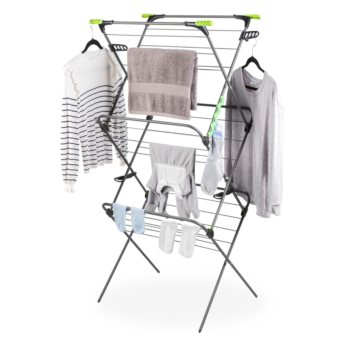 grey tiered clothes airer with clothes and towels on it