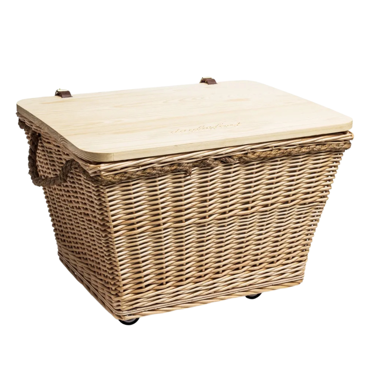 a large wicker picnic basket with a wooden top